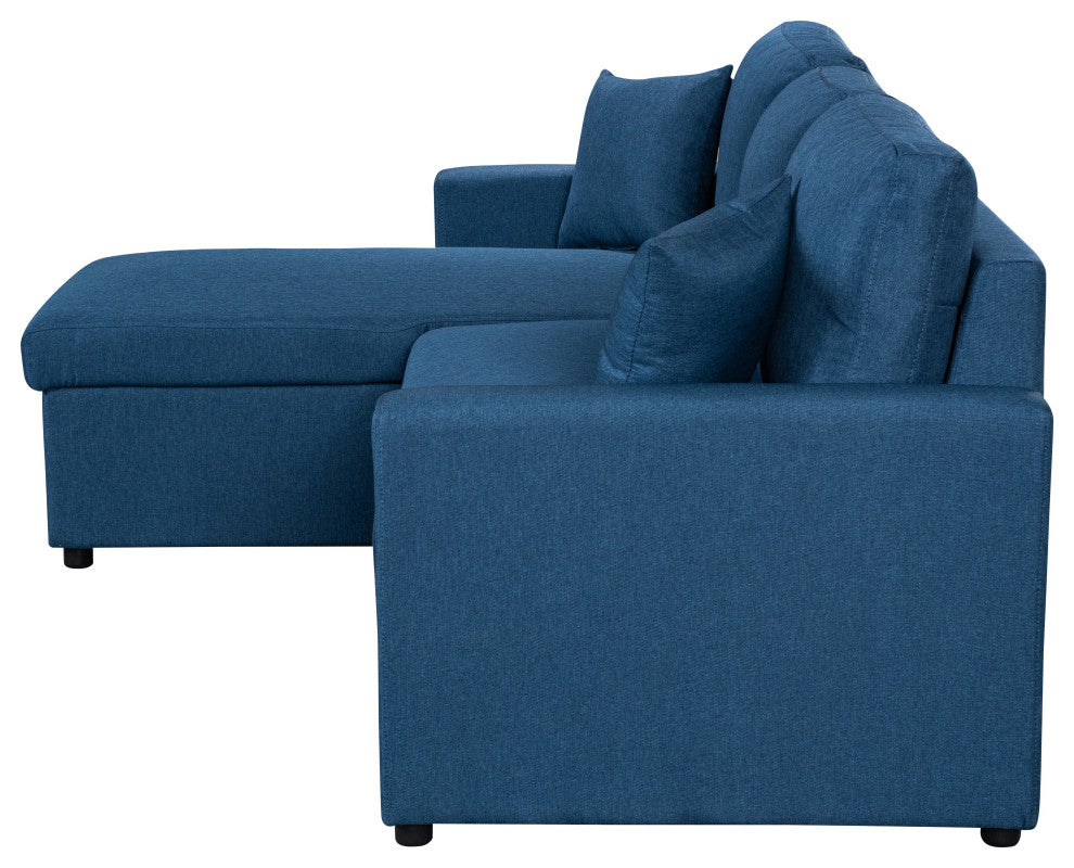 Paisley Linen Reversible Sleeper Sectional Sofa With Storage Chaise, Blue
