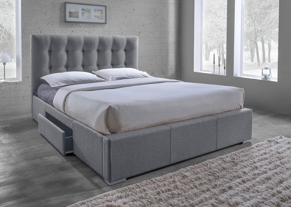 Sarter Grid-Tufted Gray Fabric Upholstered Storage Queen Bed With 2-Drawer