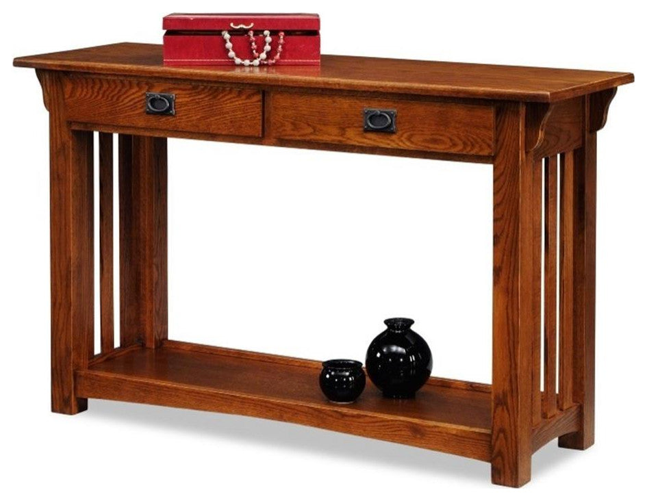 Leick Furniture Wood Mission Console Table with Drawers and Shelf in Oak