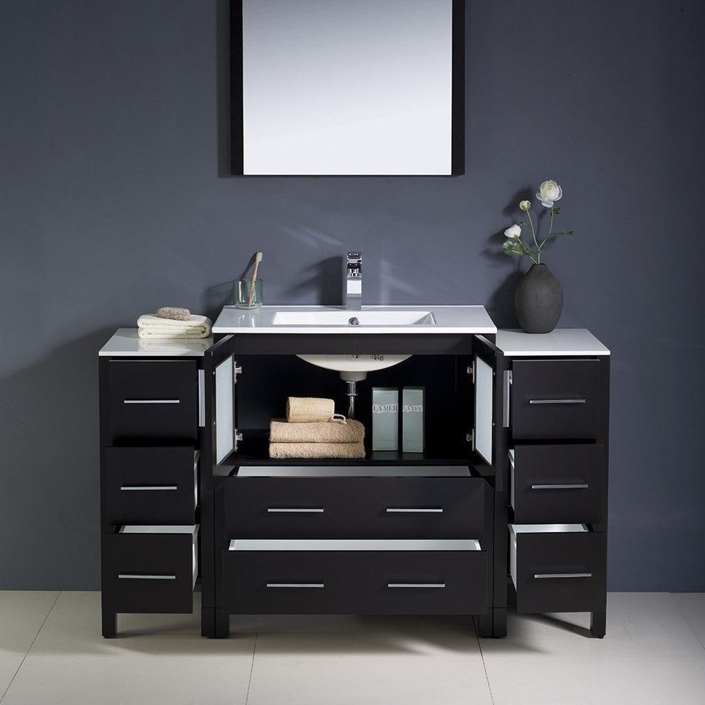 Torino 54" Espresso Modern Bathroom Vanity With 2 Side Cabinets, FFT3071BN