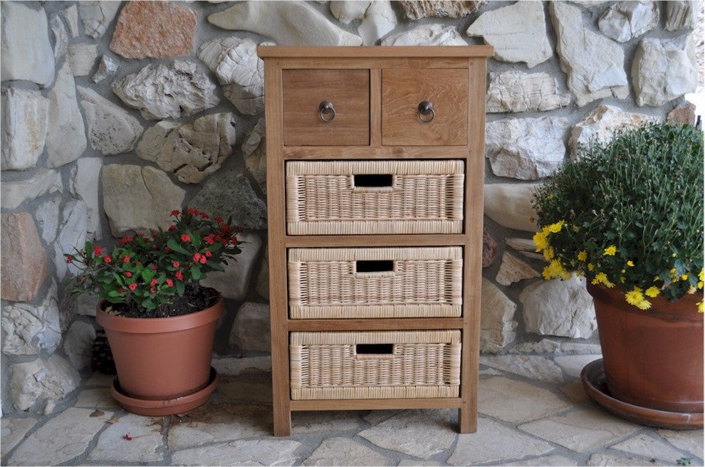 Anderson Teak TB-2130C Safari Occasional Table With Drawer & Rattan Baskets