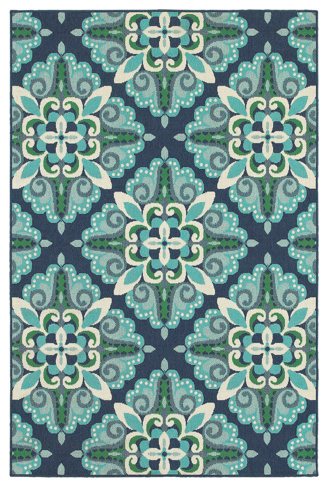 Madelina Medallion Blue and Green Indoor or Outdoor Area Rug, 7'10"x10'10"