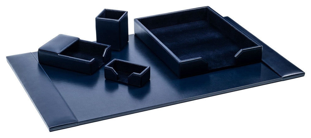 Navy Blue Bonded Leather 5-Piece Desk Set