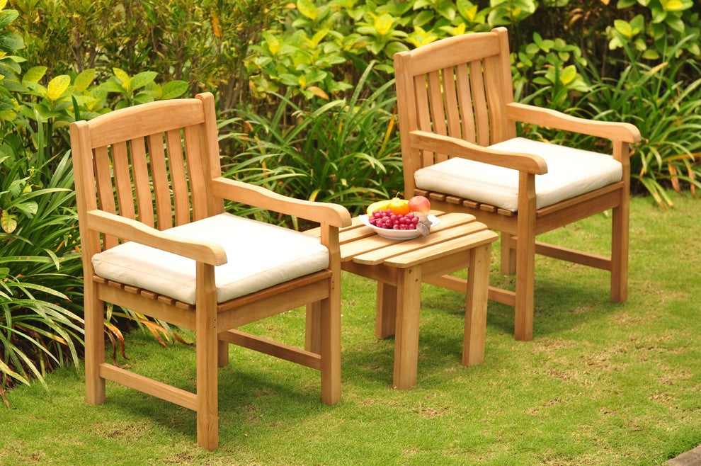 3 PC Outdoor Patio Teak Dining Set: 27.5" Adirondack Side Tbl+2 Devon Arm Chairs