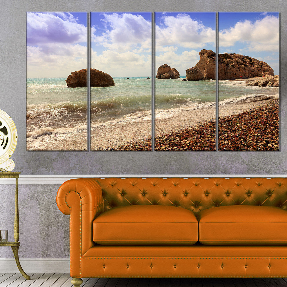 "Amazing Aphrodite'S Rock in Cyprus" Seascape Art Canvas, 4 Panels, 48"x28"