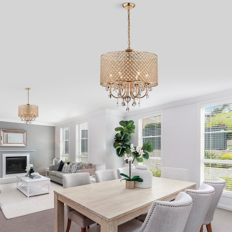 6-Light Gold Round Beaded Drum Chandelier With Hanging Crystals