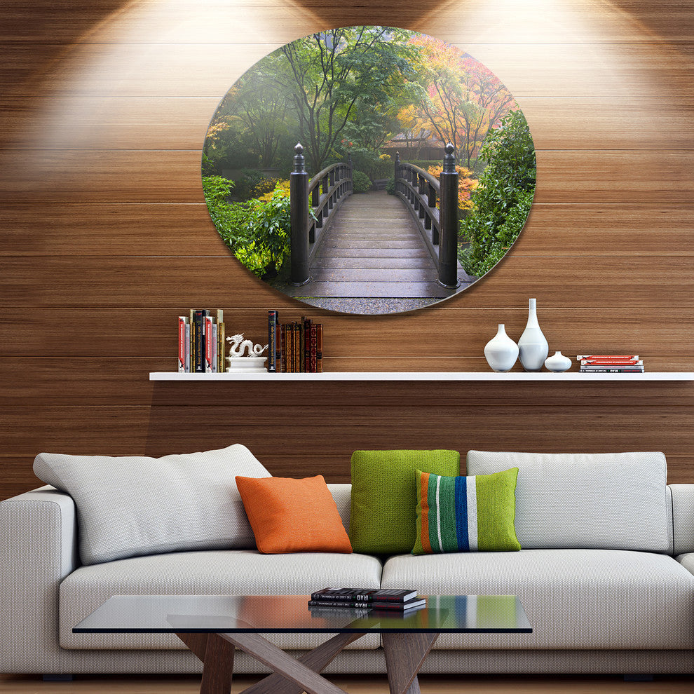 Wood Bridge At Japanese Garden In Fall, Bridge Disc Metal Wall Art, 23"