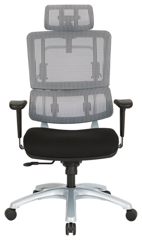Vertical Gray Mesh Back Chair With Silver Base and Black Coal Seat With Headrest