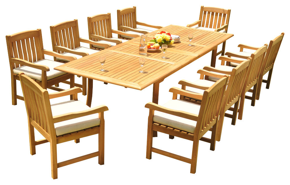 11-Piece Teak Dining Set, 117" Extension Rectangle Table, 10 Devon Arm Chairs