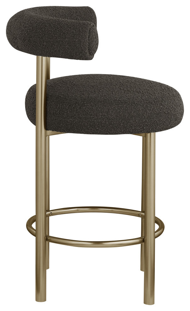 Bordeaux Upholstered Stool, Brown, Boucle Fabric, Brushed Brass, Set of 2