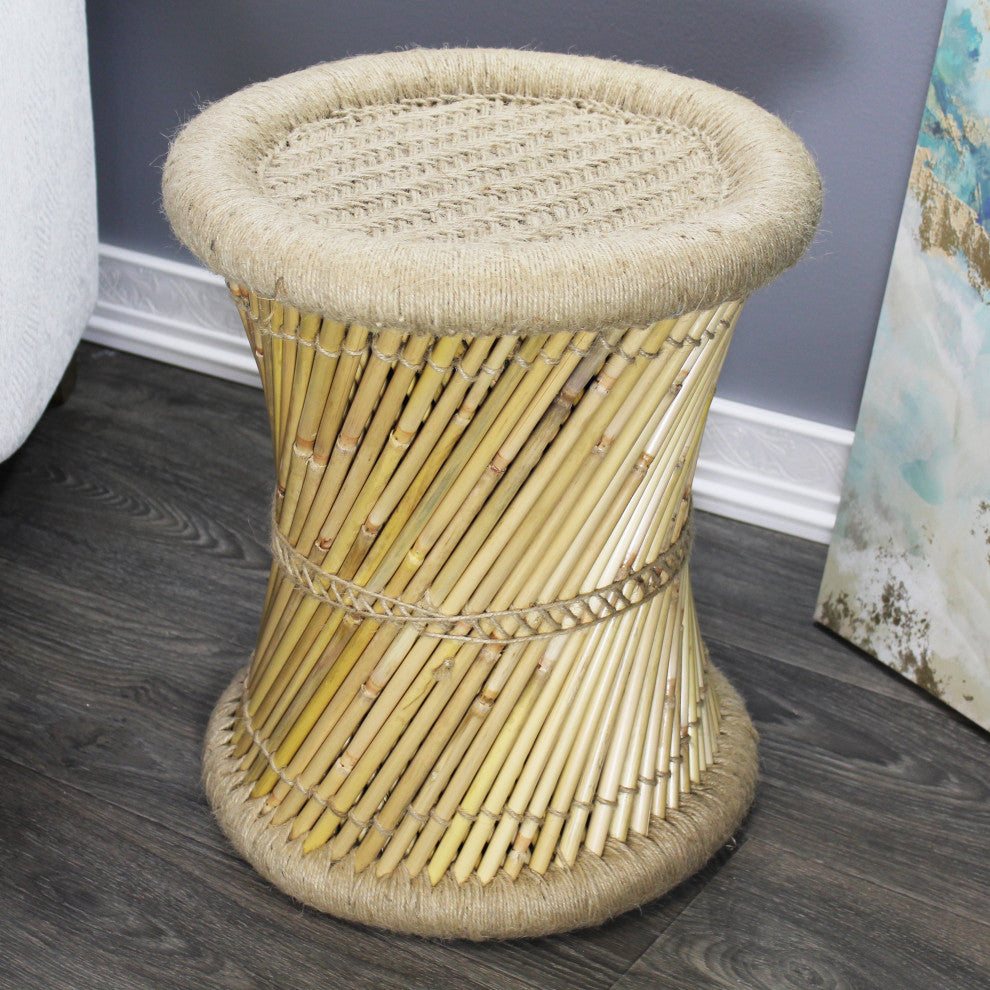 Natural Geo Moray Decorative Handwoven Jute Accent Stool, Beige