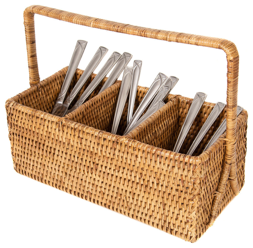 Artifacts Rattan™ 3 Section Caddy/Cutlery Holder with Handle, Honey Brown