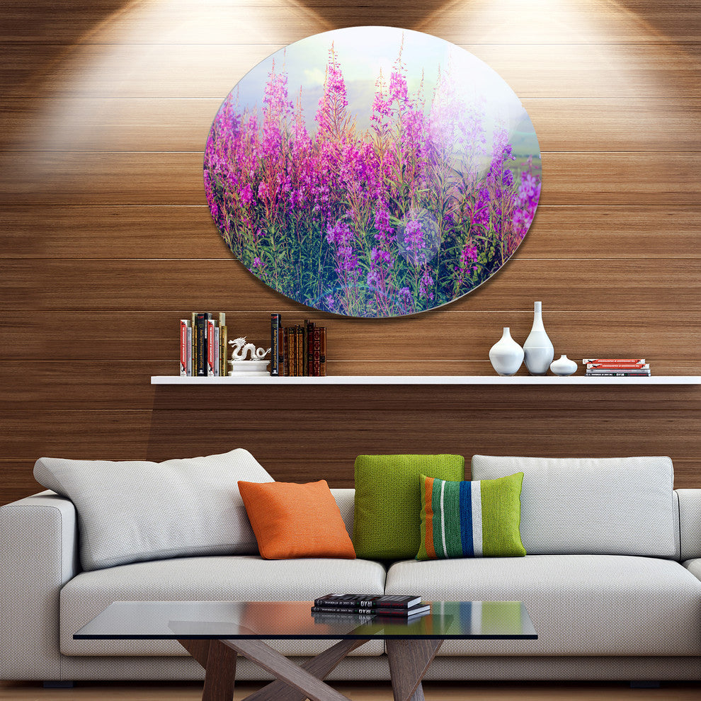 Blooming Purple Flowers In Meadow, Flower Round Wall Art, 23"