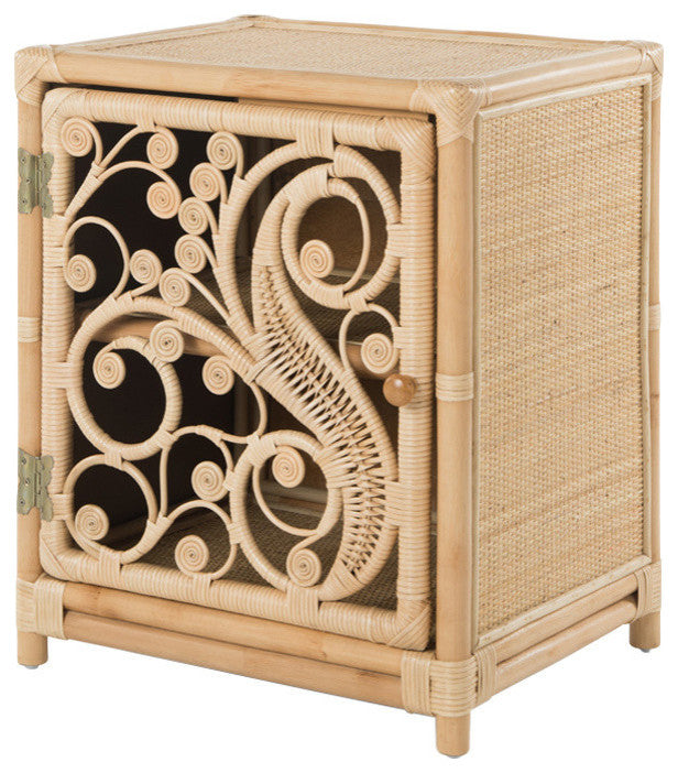 Rattan Peacock Nightstand, 1-Door, Opening Right, Natural