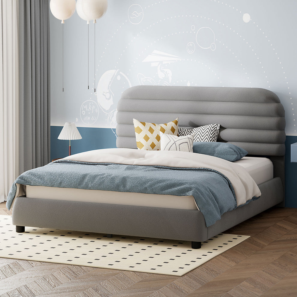 GDF Studio Queen Size Upholstered Velvet Curved Platform Bed, Gray