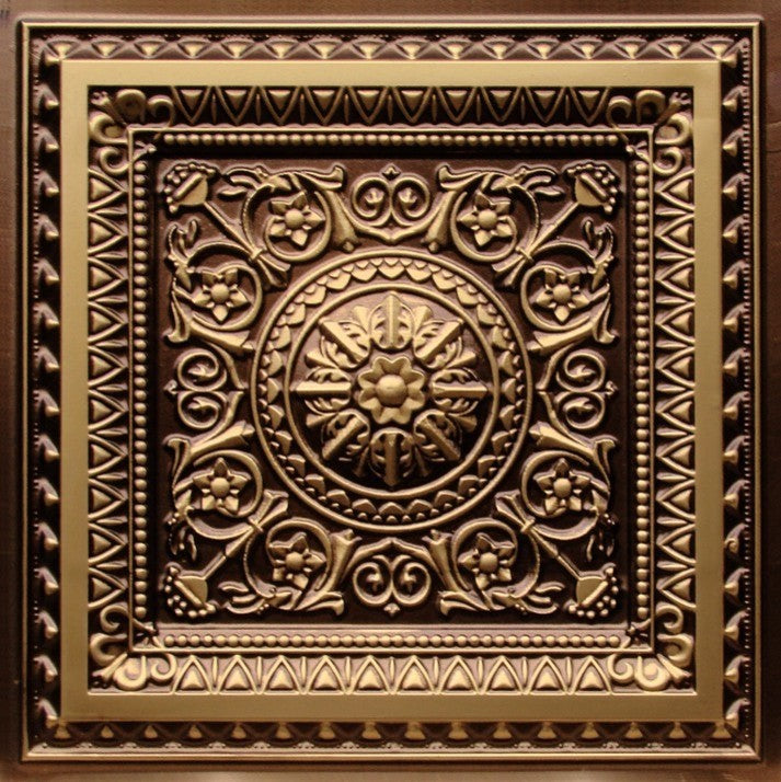 24"x24" D223 PVC Faux Tin Glue-up Ceiling Tiles Made of PVC, Set of 6, Antique Gold