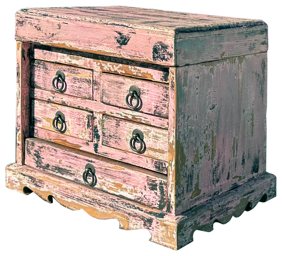 14" Distressed Faded Pink Small 5 Drawers Storage Chest Box