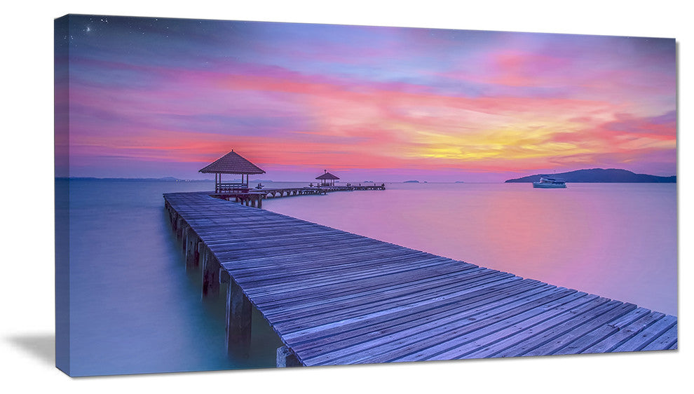 "Purple Tinged Wood Bridge and Beach" Sea Pier and Bridge Wall Art, 40"x20"