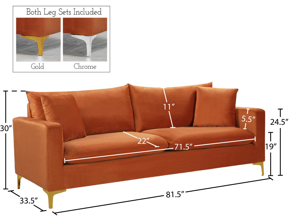 Naomi Velvet Upholstered Sofa, Cognac
