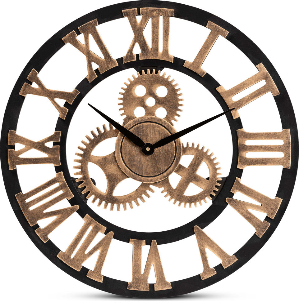 Industrial Vintage Style Black and Distressed Brown Finished Wood Wall Clock