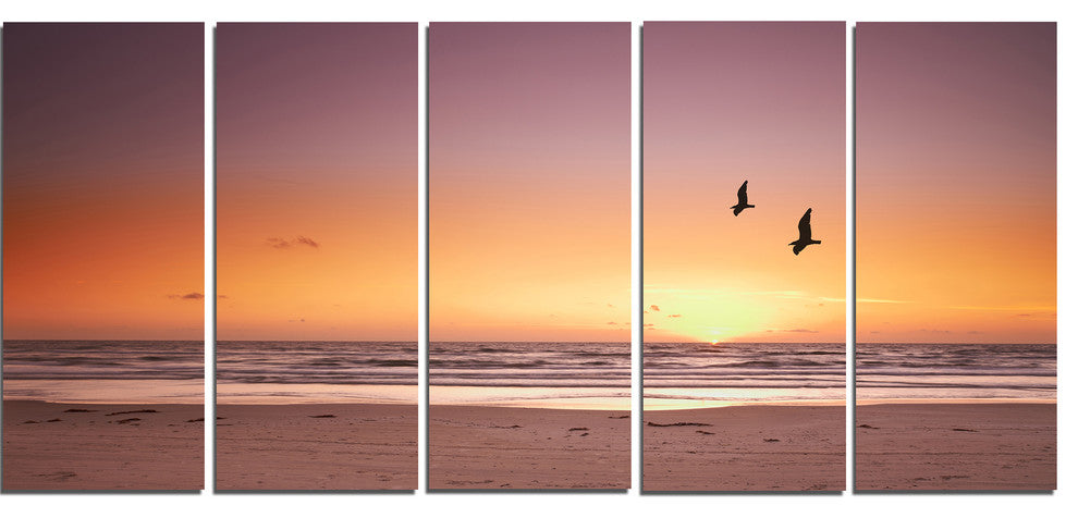 "Beach Sunset And Sea Gulls" Modern Seashore Canvas Art, 5 Panels, 60"x28"