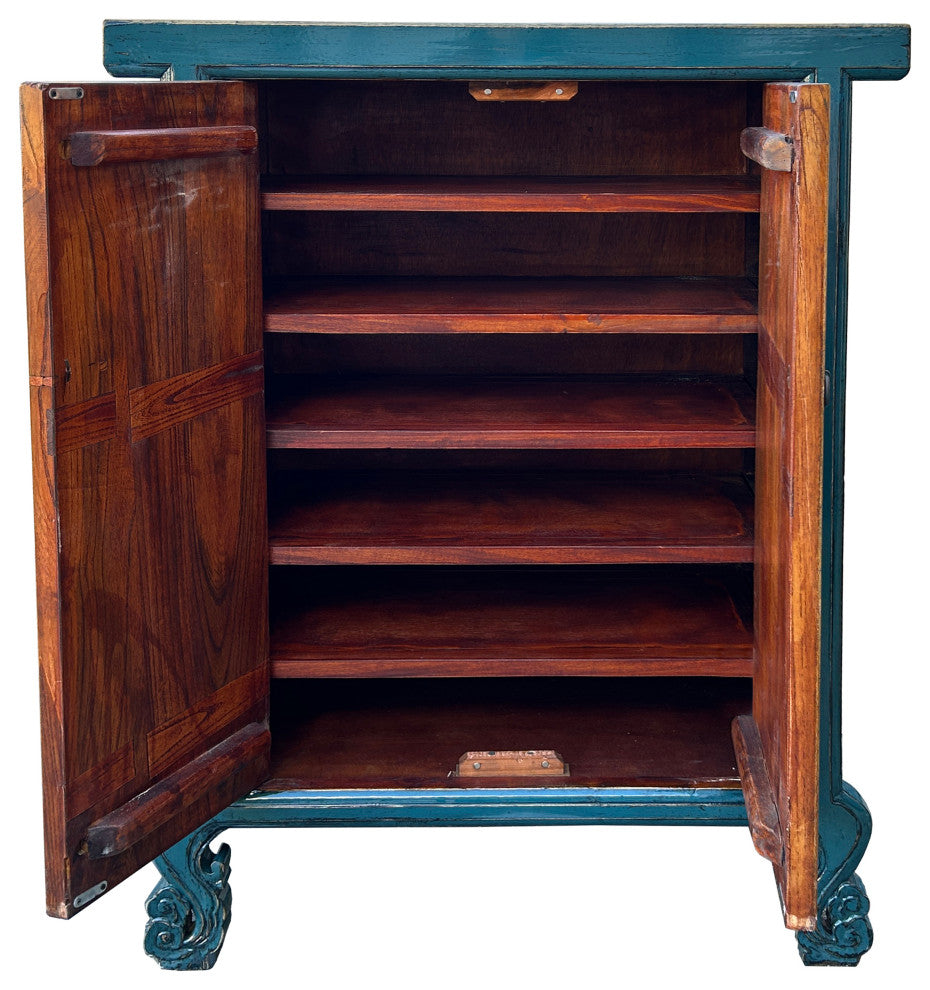 Distressed Teal Blue Lotus Carving Tall Credenza Storage Cabinet