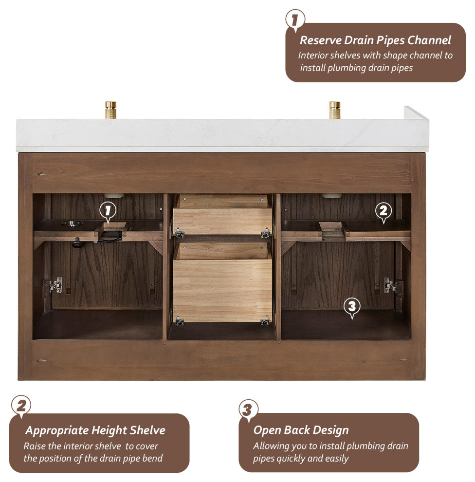 Jakarta Bath Vanity, Quartz Top No Mirror, Dark Brown Oak, 60", Double Vanity