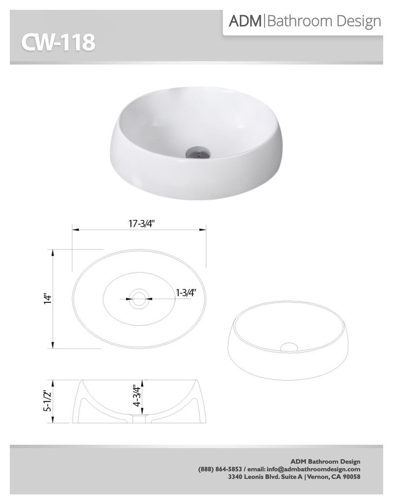 ADM Oval Countertop Vessel Sink, White, 18", Matte White