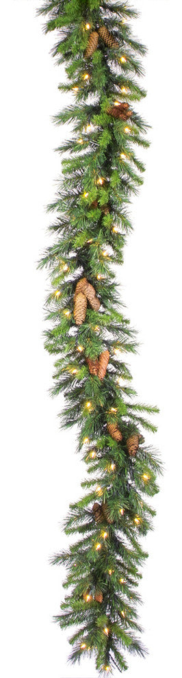 Vickerman Cheyenne Pine Garland With Pine Cones, 12"x9', Warm White LED Lights