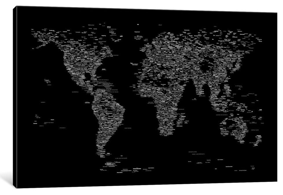 "Font World Map, Black" Wrapped Canvas Art Print, 26x18x1.5