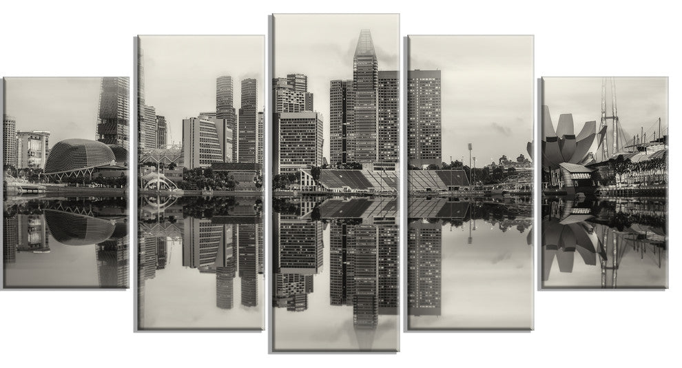 "Singapore Skyline View Panorama" Cityscape Artwork Canvas, 5 Panels, 60"x32"