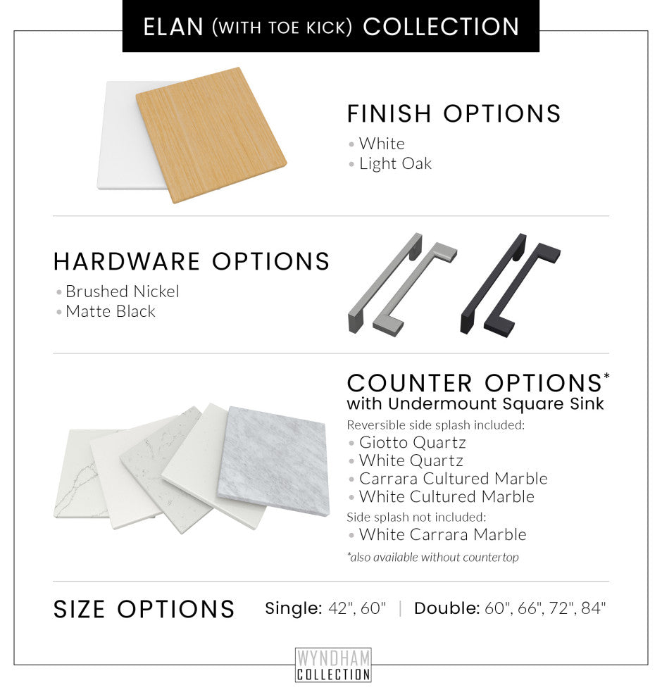 Elan TK 42" White Single Vanity, White Quartz Top, 1-Hole, Nickel Trim