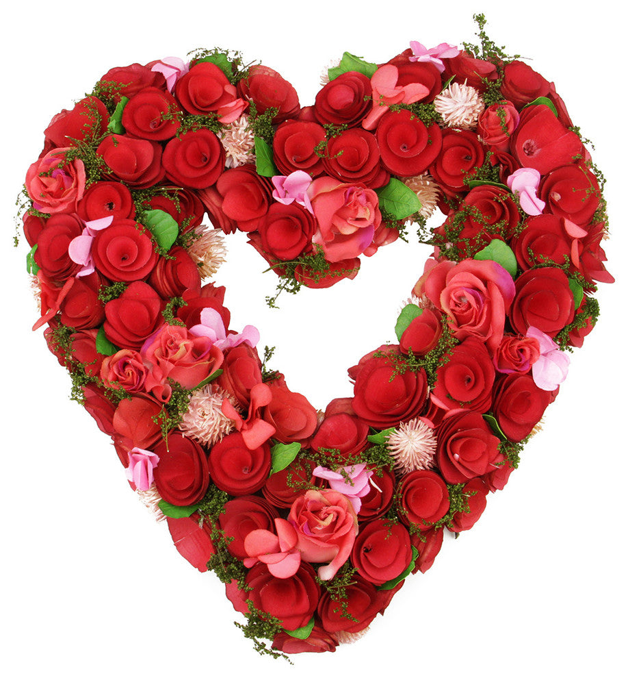 Wooden Shades of Red and Pink Flowers Heart-Shaped Artificial Wreath, 13.75"