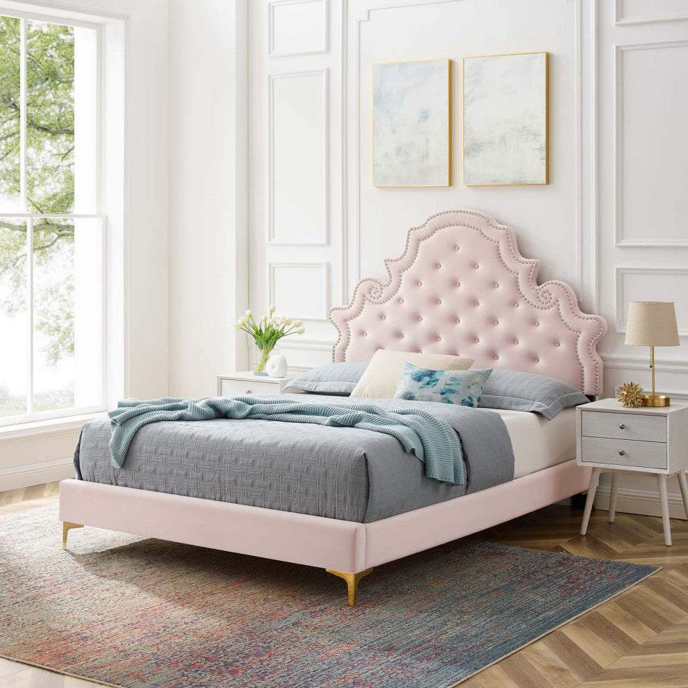 Gwyneth Tufted Performance Velvet Queen Platform Bed - Pink
