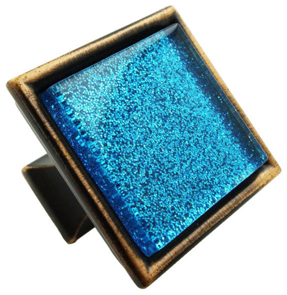 Sparkling Aquamarine Blue Sand Crystal Glass Oil Rubbed Bronze Classic Knob