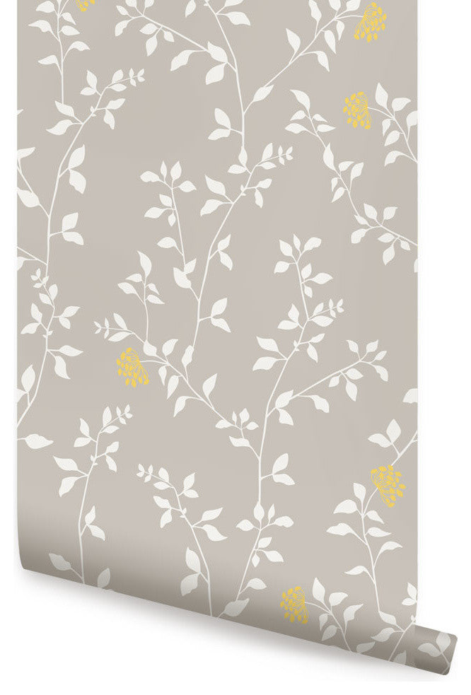 Branch Flower Peel and Stick Vinyl Wallpaper, Warm Gray/Yellow, 24"w X 108"h