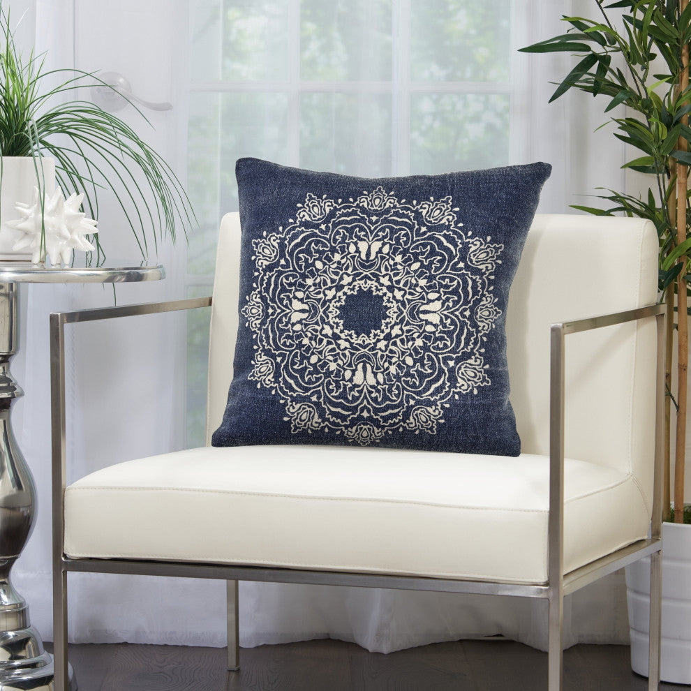Intricate Medallion Cotton Throw Pillow, Navy