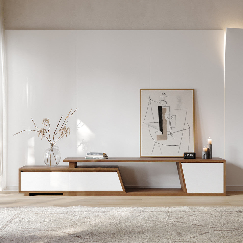 Fero Minimalist Walnut Rectangle Extendable TV Stand With 3 Drawers Up to 120", White/Walnut