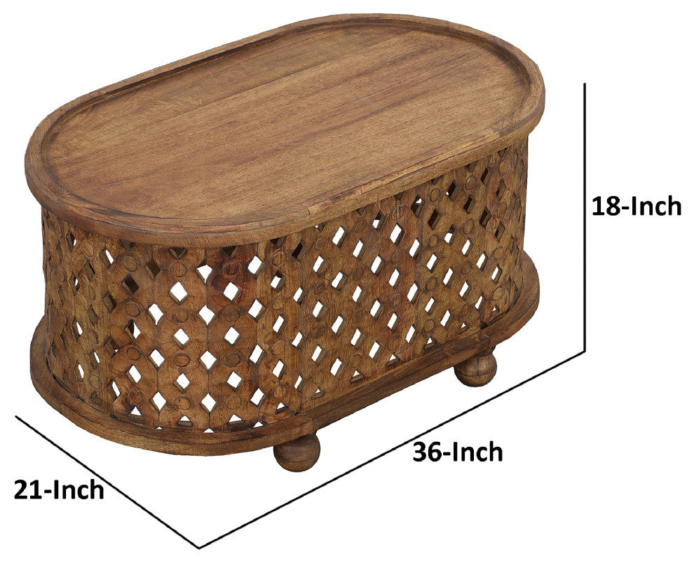 36" Handcrafted Oval Coffee Table Intricate Cutout Design Antique Brown