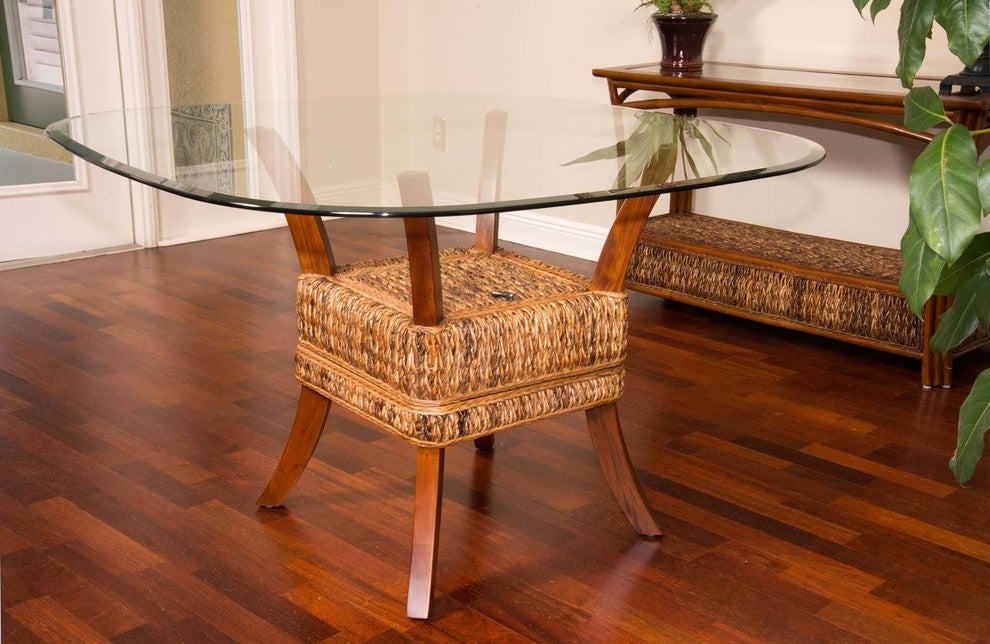 42" Belize Dining Table Base In Sienna Finish, Tempered Bevel Edge Glass