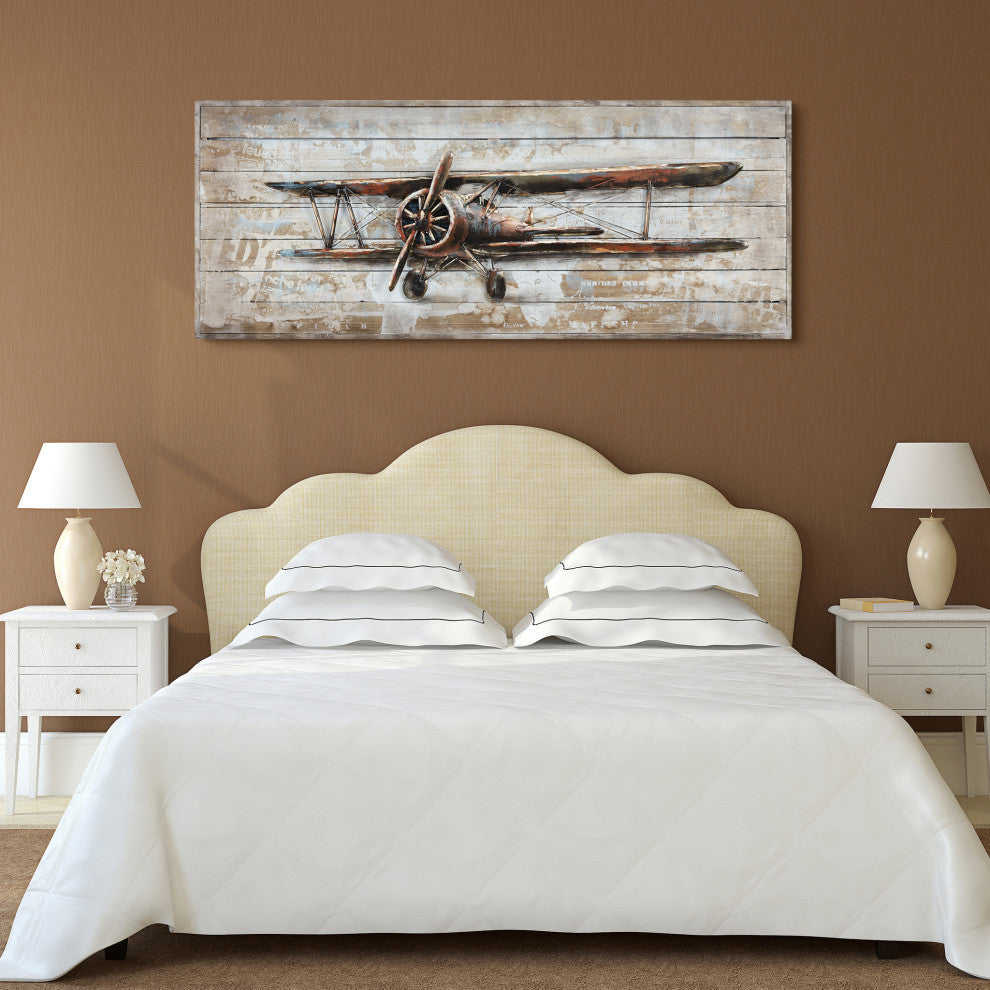 "Model Airplane" Metallic Handed Painted Rugged Wooden Blocks Wall Art