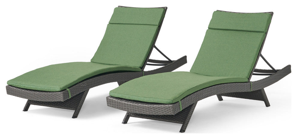 GDF Studio Nassau Outdoor Wicker Adjustable Lounges, Green Cushions, Set of 2