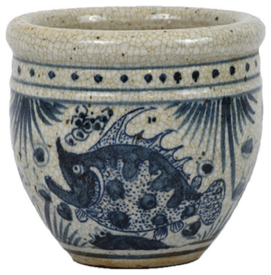 Vintage Style Blue and Antiqued White Fish Motif Porcelain Pot 5"
