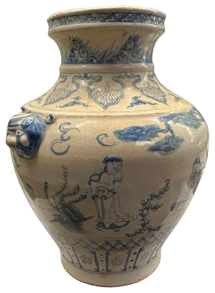 Light Tan Cream Base Blue Scenery Graphic Pottery Ceramic Vase Hws4414