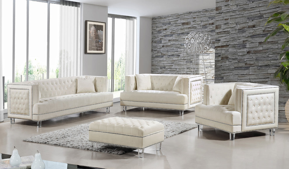 Lucas Velvet Upholstered Ottoman, Cream