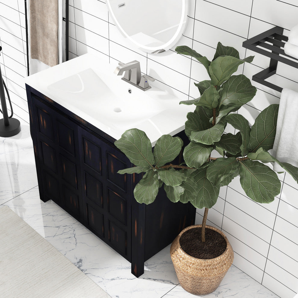 36 inch Freestanding Bath Vanity in Retro Espresso with White Resin Top