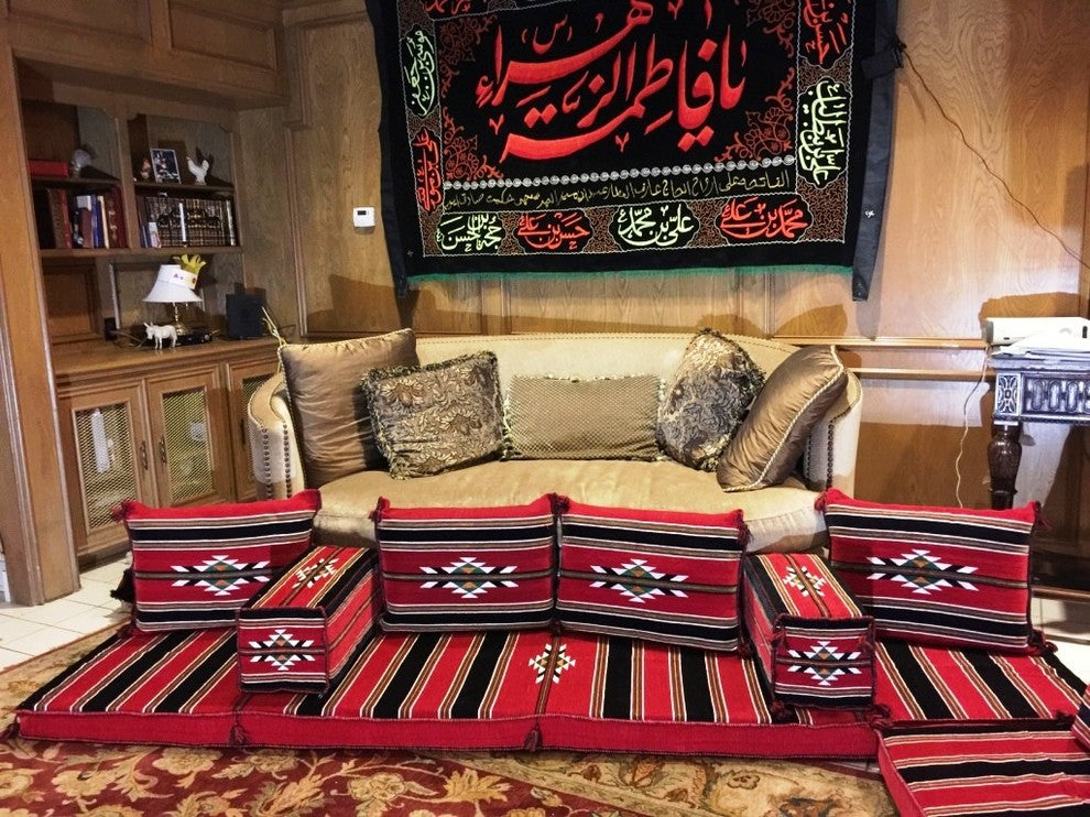 Abha 7-Piece Floor Seating Set, Traditional Arabic Red, Foam Filled