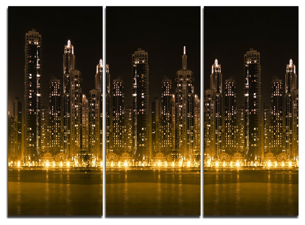"Modern City With Illuminated Skyscrapers" Metal Wall Art, 3 Panels, 36"x28"