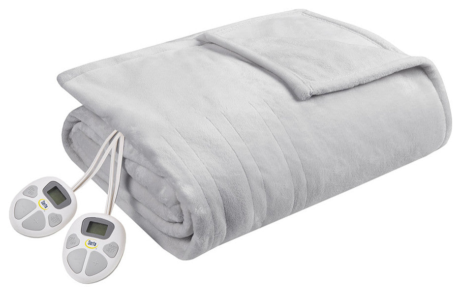 Serta Plush Heated Blanket, Light Grey
