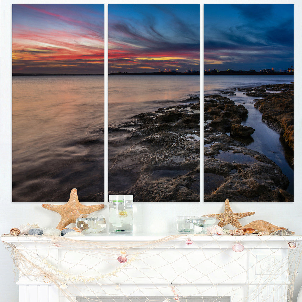 "Colorful Sky and Dark Rocky Sydney Coast" Metal Wall Art, 3 Panels, 36"x28"